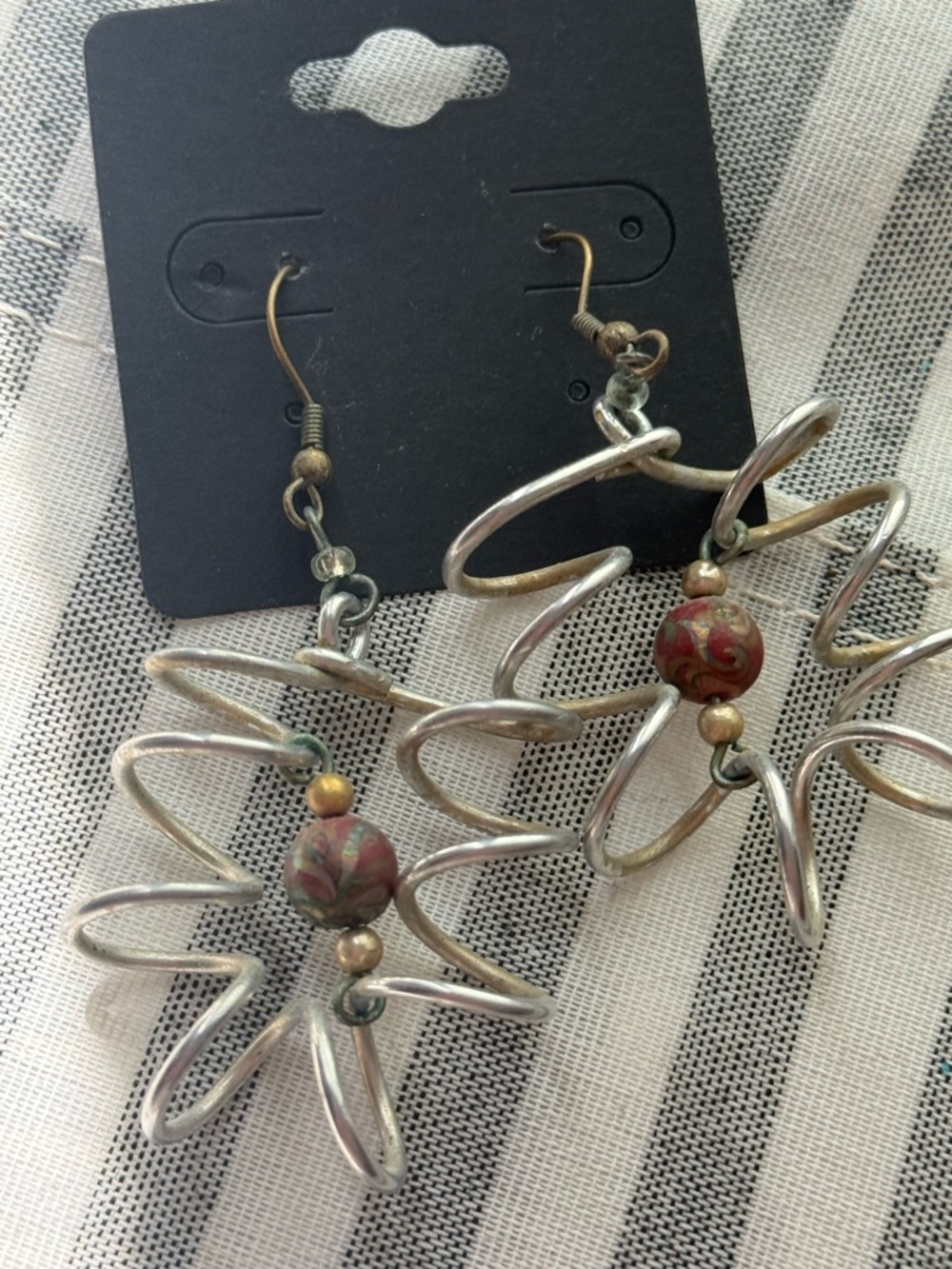 Silver-Tone Spiral Flower Earrings with Red Beads